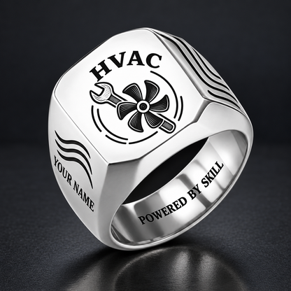 Silver HVAC Classic Emblem signet ring with fan and wrench artwork, YOUR NAME and POWERED BY SKILL