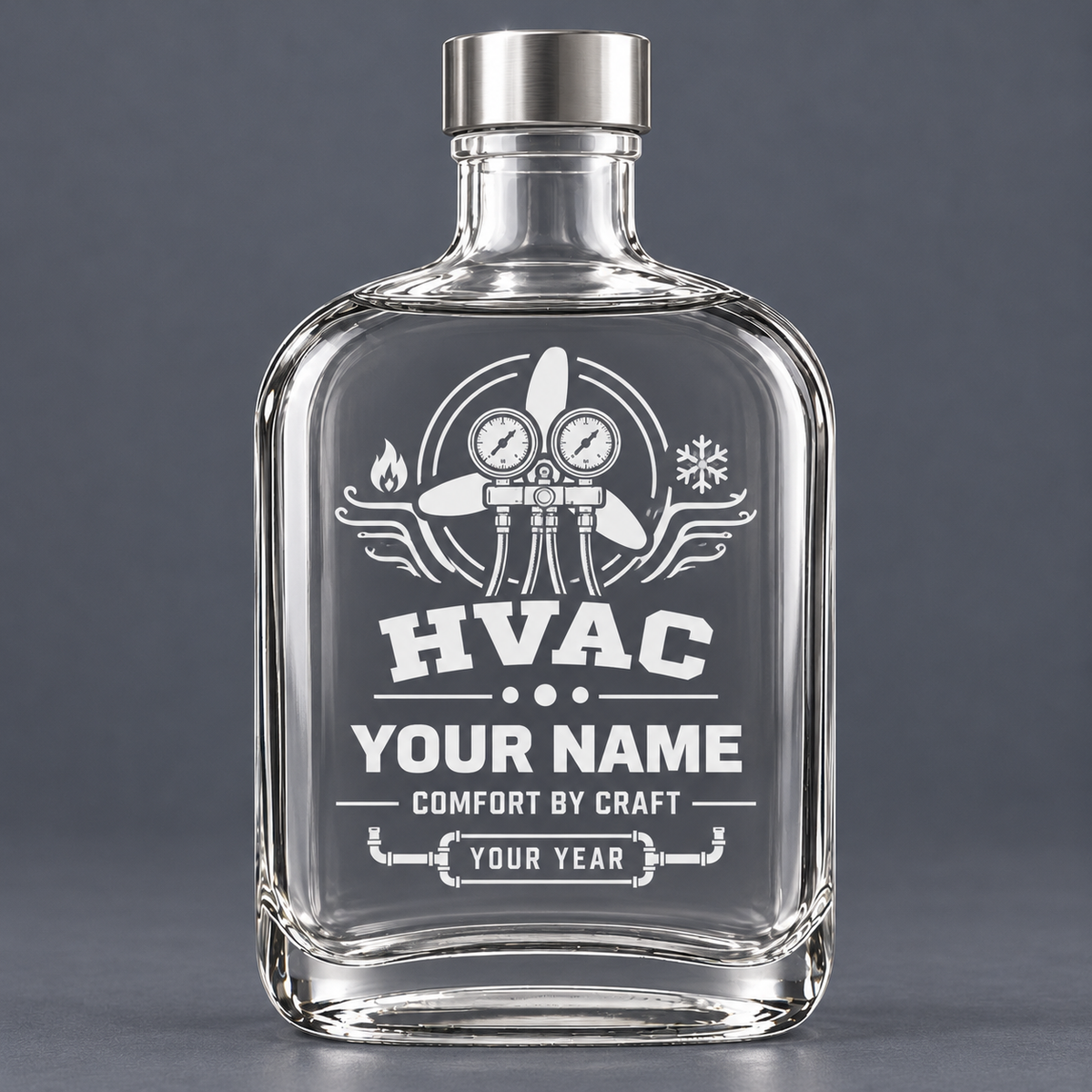 Empty 20 oz HVAC glass bottle with metal lid and name and year preview