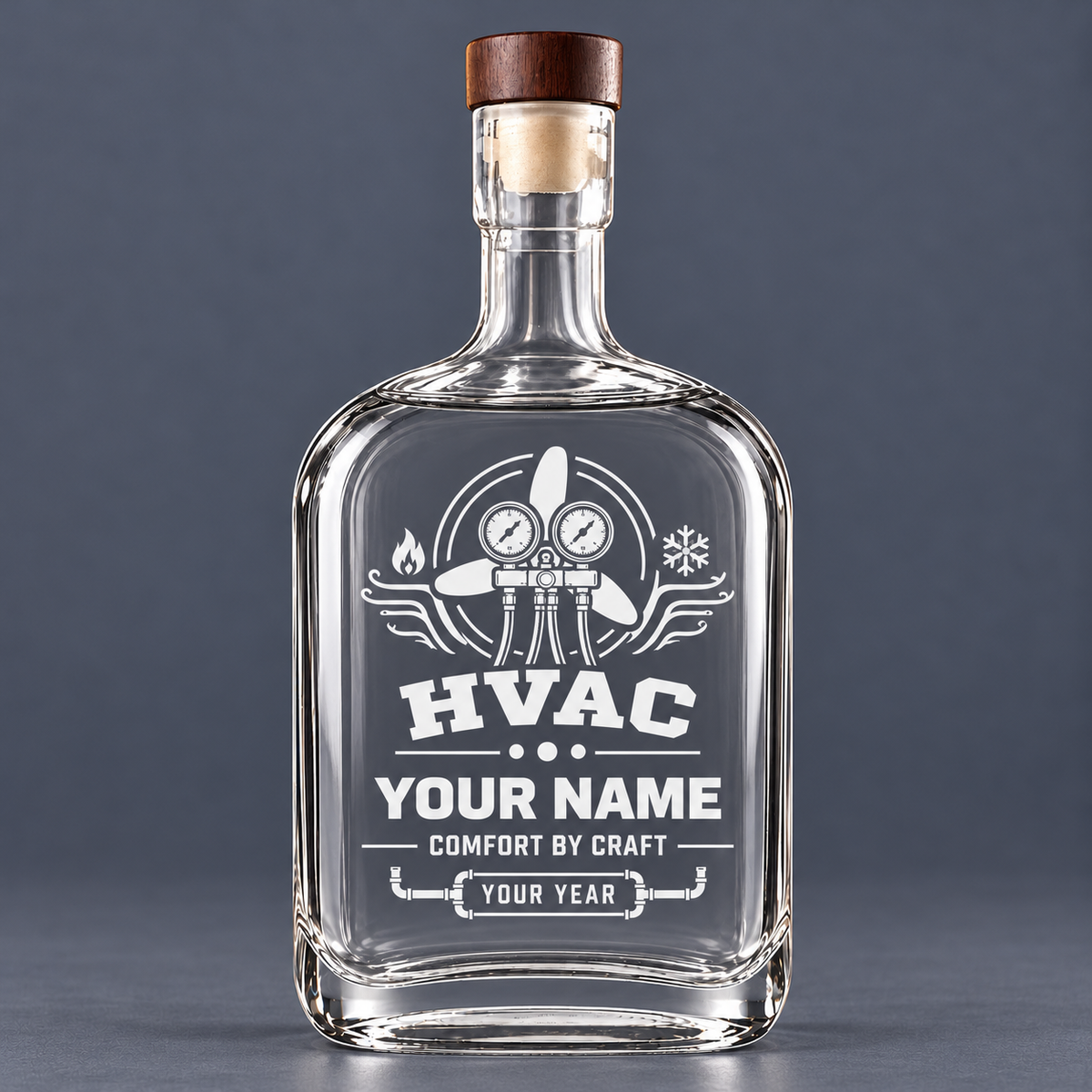 Empty 30 oz HVAC glass bottle with wooden lid and name and year preview