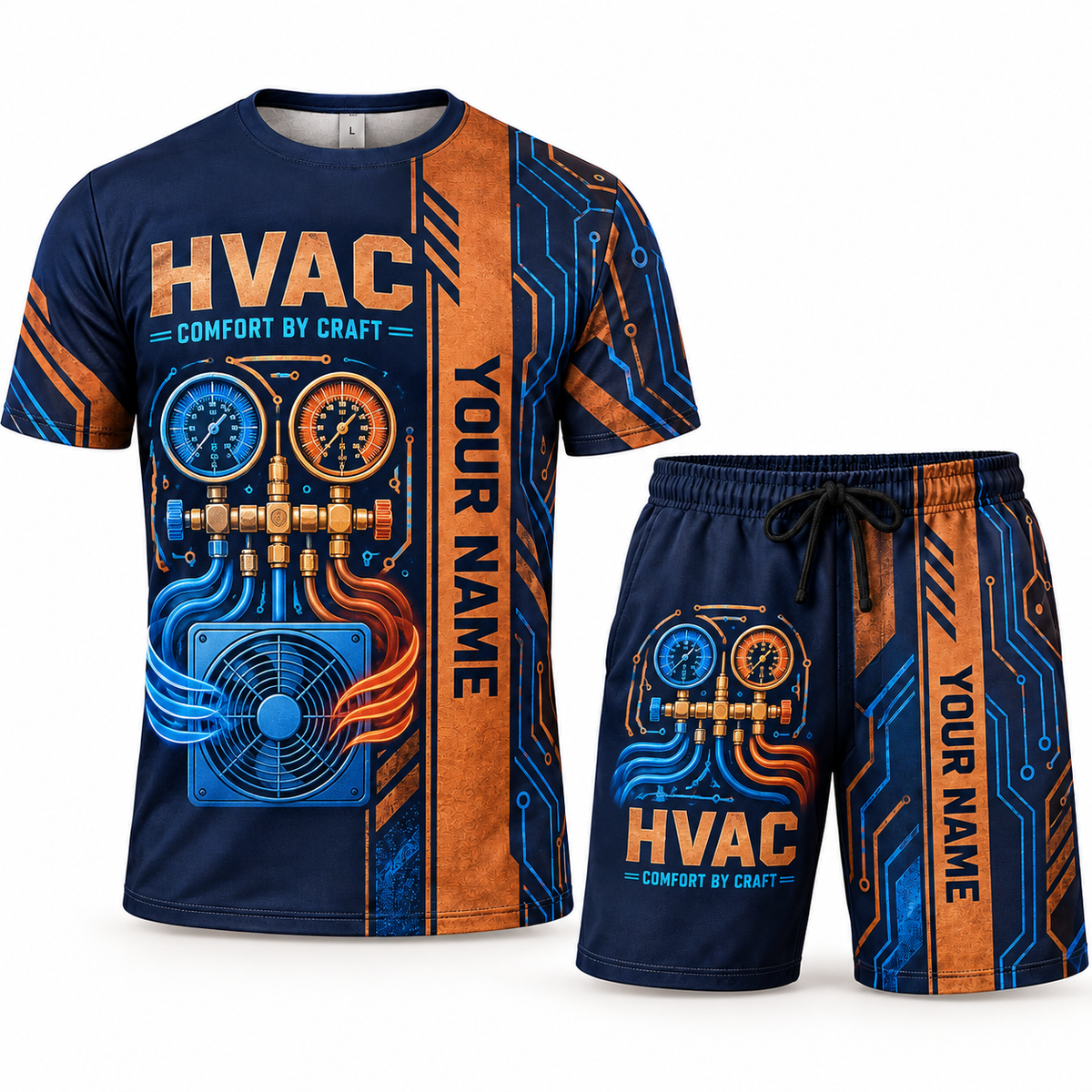 Personalized HVAC T-Shirt and Shorts Set - Split Texture: front catalog mockup