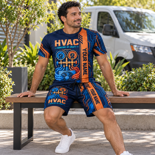 Personalized HVAC T-Shirt and Shorts Set - Split Texture: adult lifestyle mockup