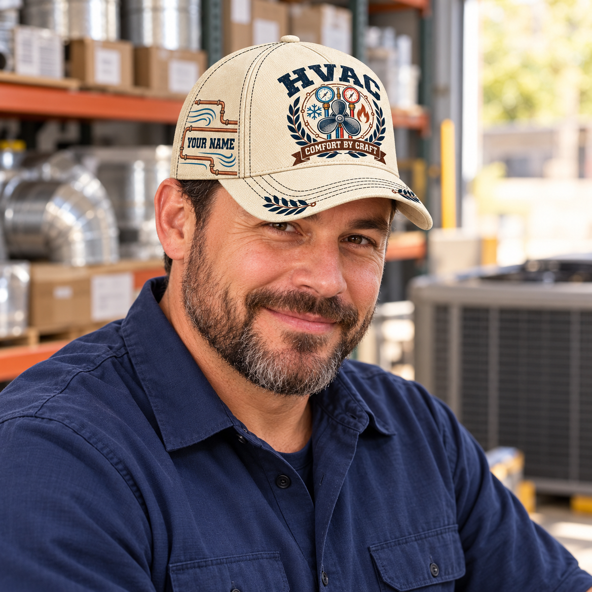 HVAC vintage-laurel cream baseball cap worn during a break in an HVAC supply workshop