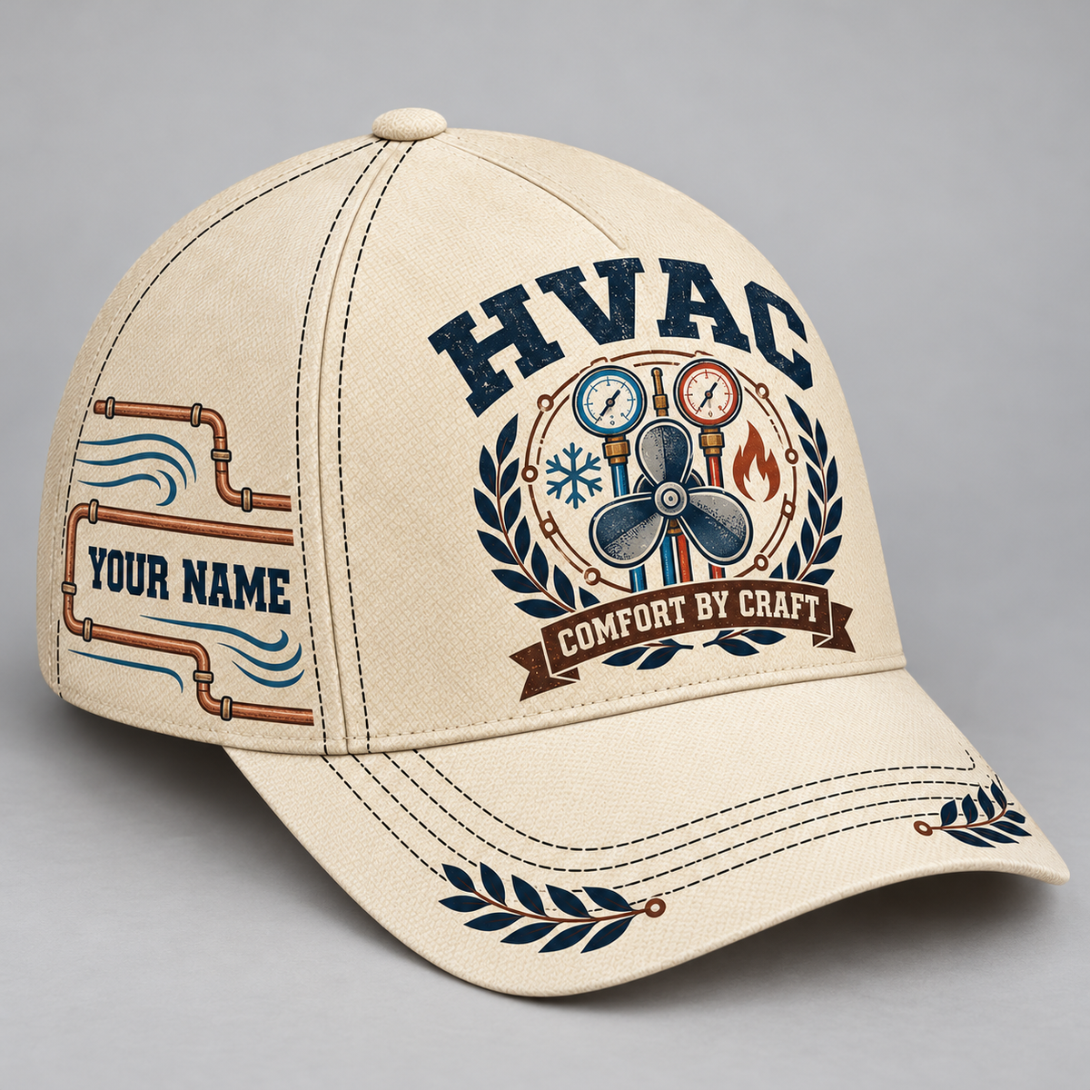 HVAC vintage-laurel cream baseball cap standalone product view with fan and manifold-gauge artwork