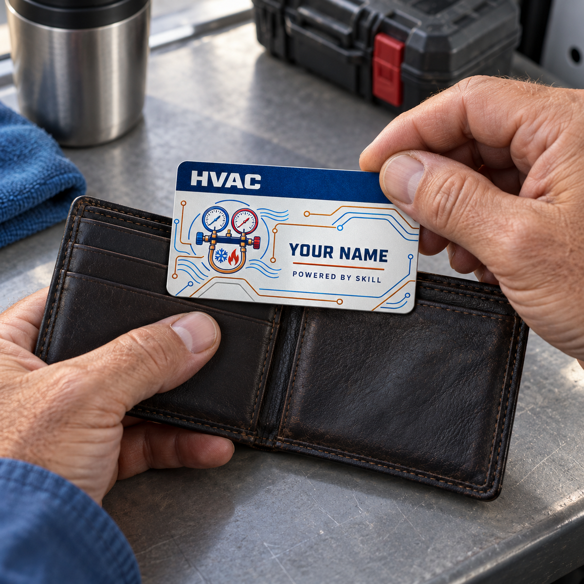 HVAC signature stripe wallet card being placed into a wallet at a service-van break table