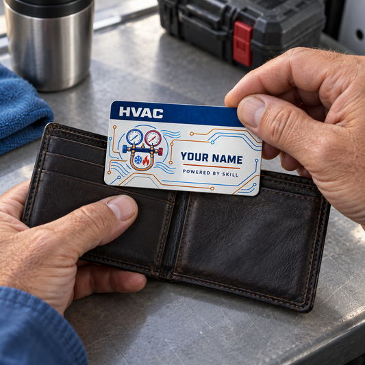 HVAC signature stripe wallet card being placed into a wallet at a service-van break table
