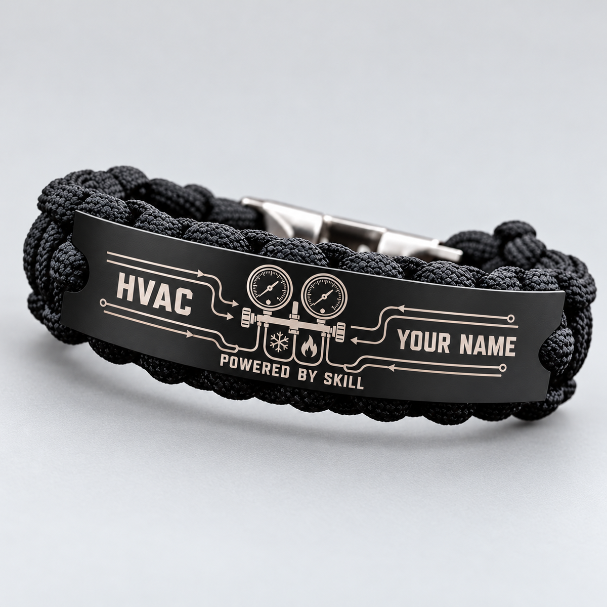 Standalone black HVAC crew bond braided bracelet with manifold-gauge artwork
