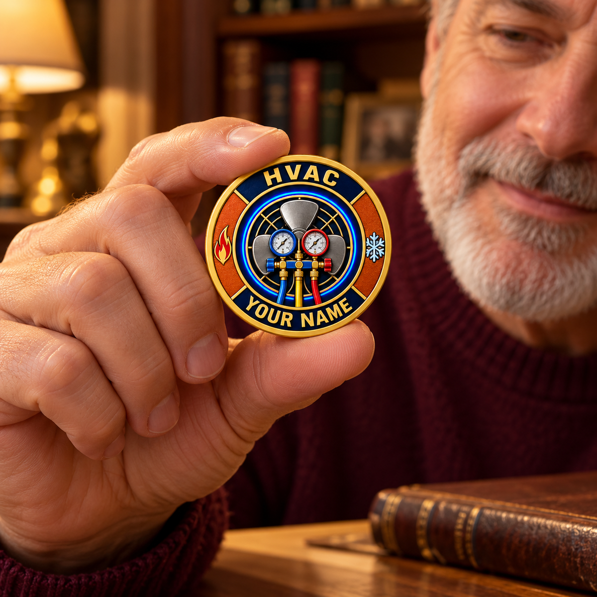 Gold HVAC heritage tribute challenge coin held at home with YOUR NAME preview