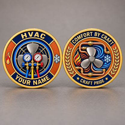 Gold HVAC heritage tribute coin front and reverse with fan, gauges and copper-pipe artwork