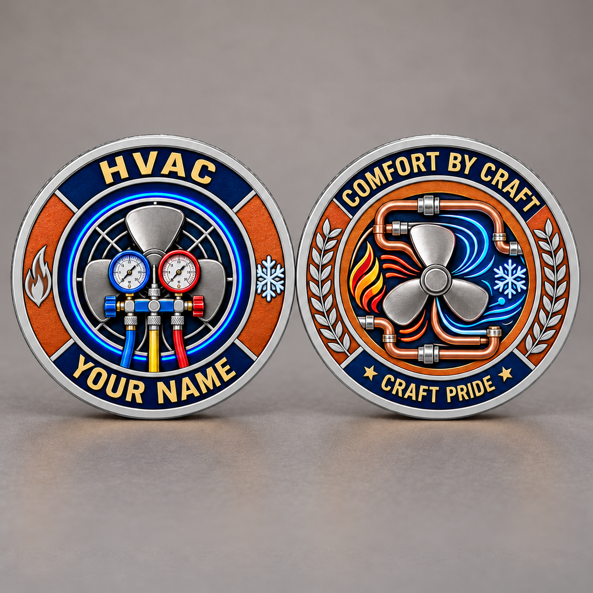 Silver HVAC heritage tribute coin front and reverse with fan, gauges and copper-pipe artwork