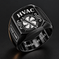 Black HVAC Sunburst Legacy signet ring featuring a fan and service wrench surrounded by sunburst lines and flowing-air flourishes, with a boxed name area, with illustrative YOUR NAME and POWERED BY SKILL