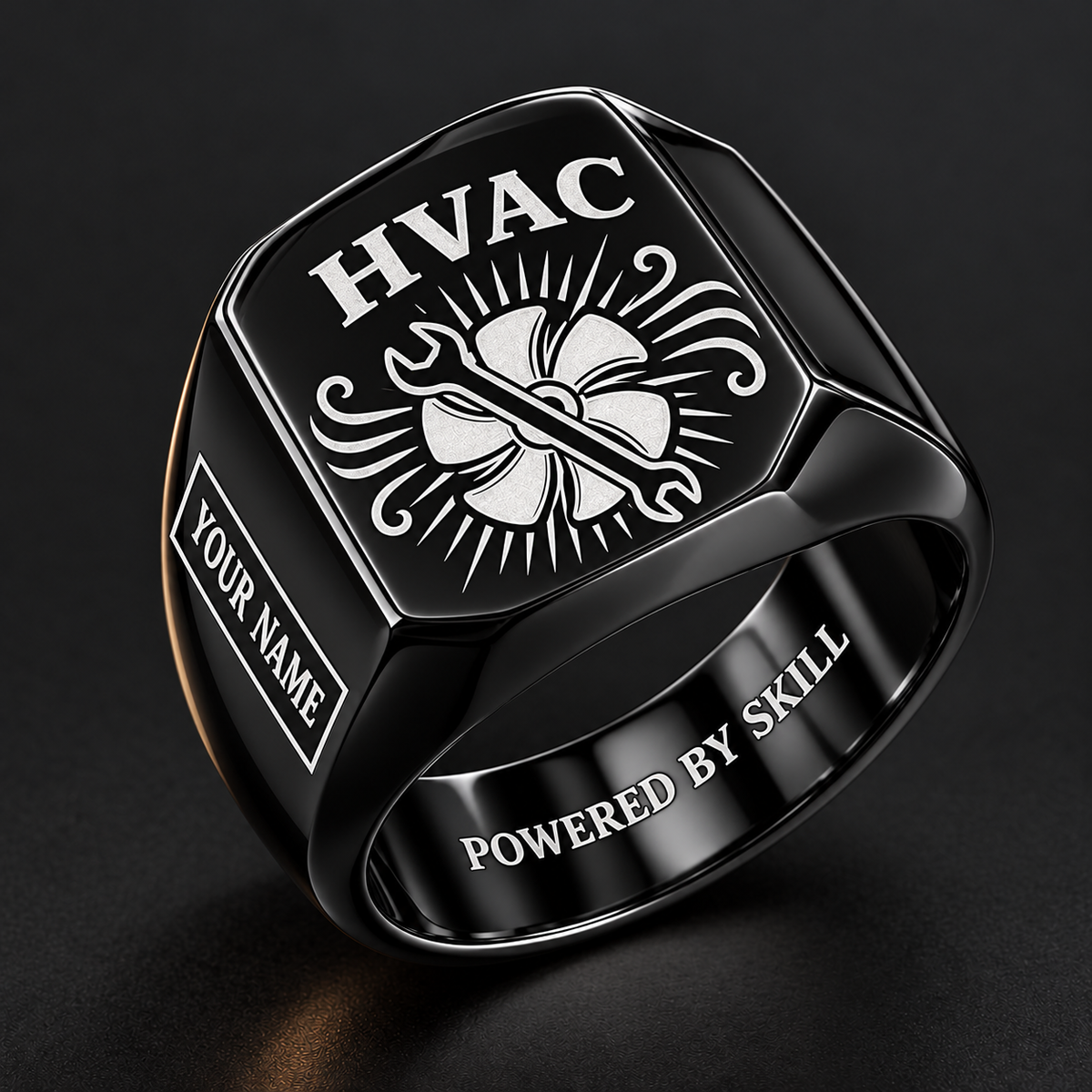 Black HVAC Sunburst Legacy signet ring featuring a fan and service wrench surrounded by sunburst lines and flowing-air flourishes, with a boxed name area, with illustrative YOUR NAME and POWERED BY SKILL