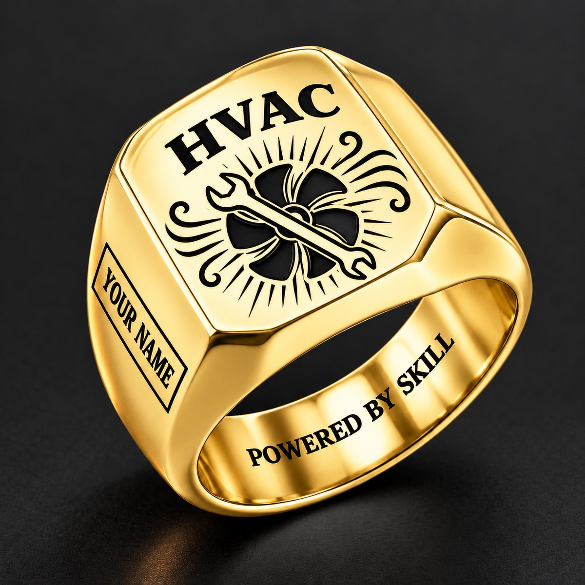 Gold HVAC Sunburst Legacy signet ring featuring a fan and service wrench surrounded by sunburst lines and flowing-air flourishes, with a boxed name area, with illustrative YOUR NAME and POWERED BY SKILL