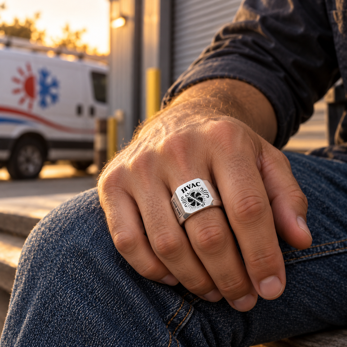 Silver HVAC Sunburst Legacy ring worn in an off-duty lifestyle setting