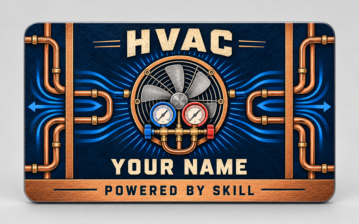 Standalone HVAC toolmark heritage wallet card front in navy and copper