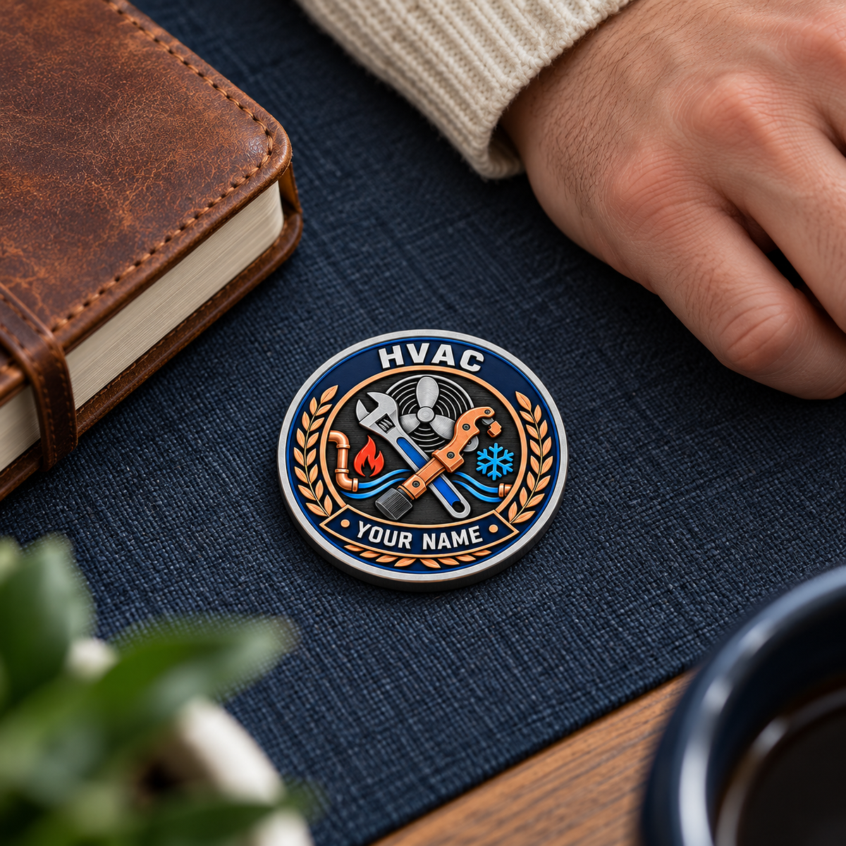 Silver HVAC legacy-laurel challenge coin on a home desk mat beside a journal
