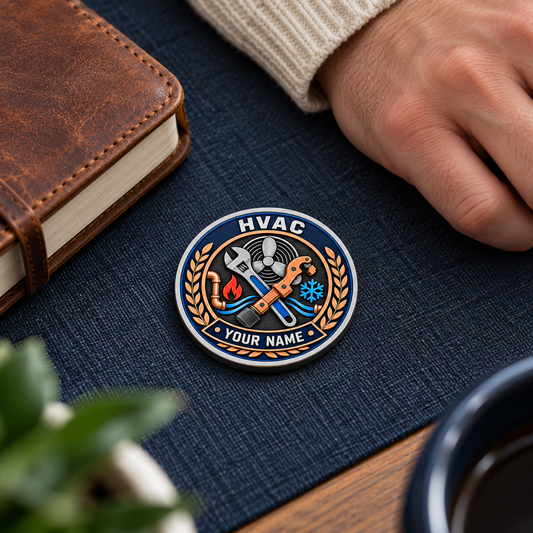 Silver HVAC legacy-laurel challenge coin on a home desk mat beside a journal
