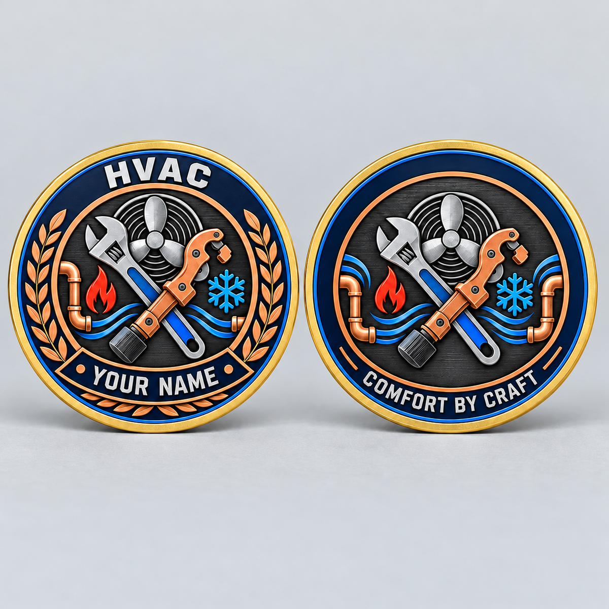Gold HVAC legacy-laurel coin front and reverse with service tools and fan artwork