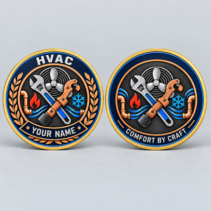 Gold HVAC legacy-laurel coin front and reverse with service tools and fan artwork