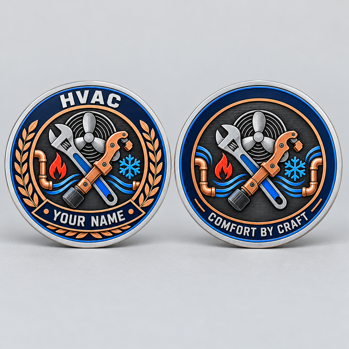 Silver HVAC legacy-laurel coin front and reverse with service tools and fan artwork