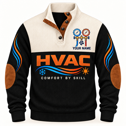 Front of Black HVAC sports sweatshirt with cream yoke, quarter-button collar, brown elbow details and HVAC artwork