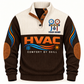 Front of Brown HVAC sports sweatshirt with cream yoke, quarter-button collar, brown elbow details and HVAC artwork