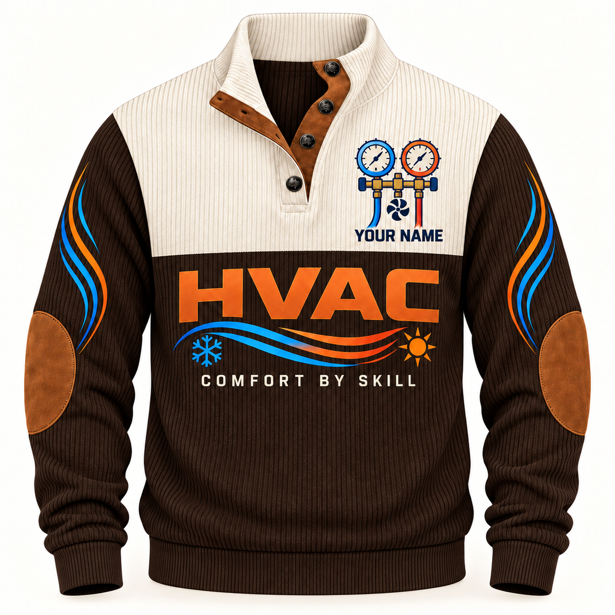 Front of Brown HVAC sports sweatshirt with cream yoke, quarter-button collar, brown elbow details and HVAC artwork