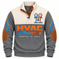 Front of Grey HVAC sports sweatshirt with cream yoke, quarter-button collar, brown elbow details and HVAC artwork