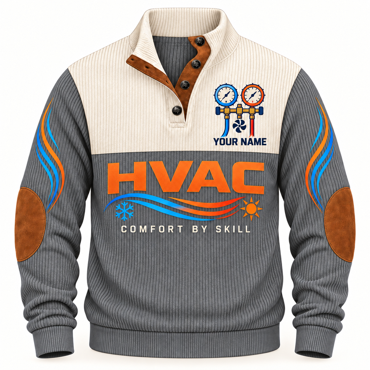 Front of Grey HVAC sports sweatshirt with cream yoke, quarter-button collar, brown elbow details and HVAC artwork