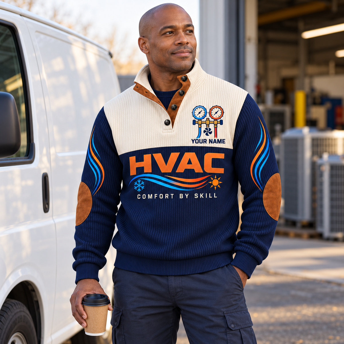 Adult model wearing the Navy HVAC sports sweatshirt in a relaxed service-workshop setting