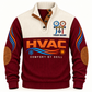 Front of Jujube Red HVAC sports sweatshirt with cream yoke, quarter-button collar, brown elbow details and HVAC artwork