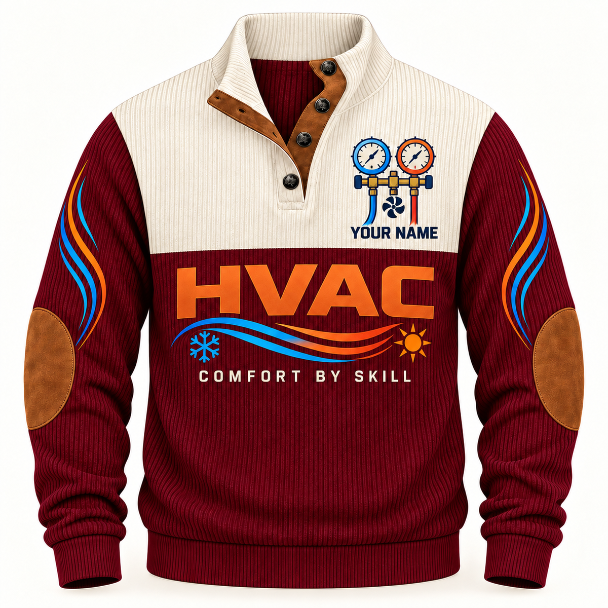 Front of Jujube Red HVAC sports sweatshirt with cream yoke, quarter-button collar, brown elbow details and HVAC artwork