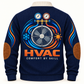 Back of Navy HVAC sports sweatshirt showing condenser fan and manifold-gauge artwork
