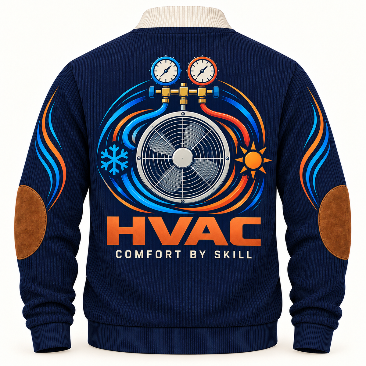 Back of Navy HVAC sports sweatshirt showing condenser fan and manifold-gauge artwork