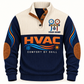 Front of Navy HVAC sports sweatshirt with cream yoke, quarter-button collar, brown elbow details and HVAC artwork