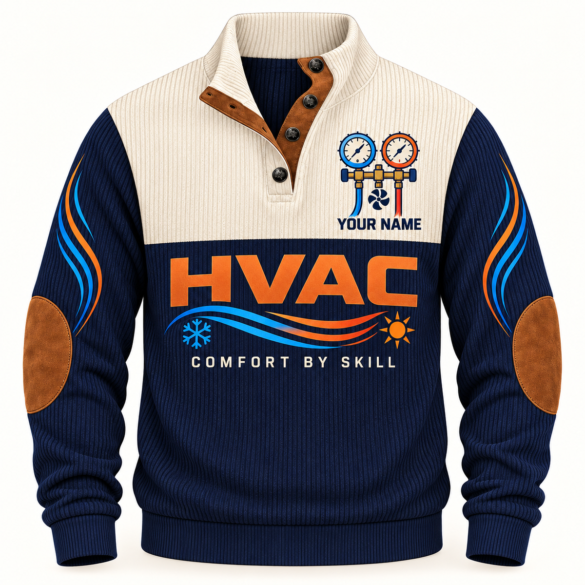 Front of Navy HVAC sports sweatshirt with cream yoke, quarter-button collar, brown elbow details and HVAC artwork