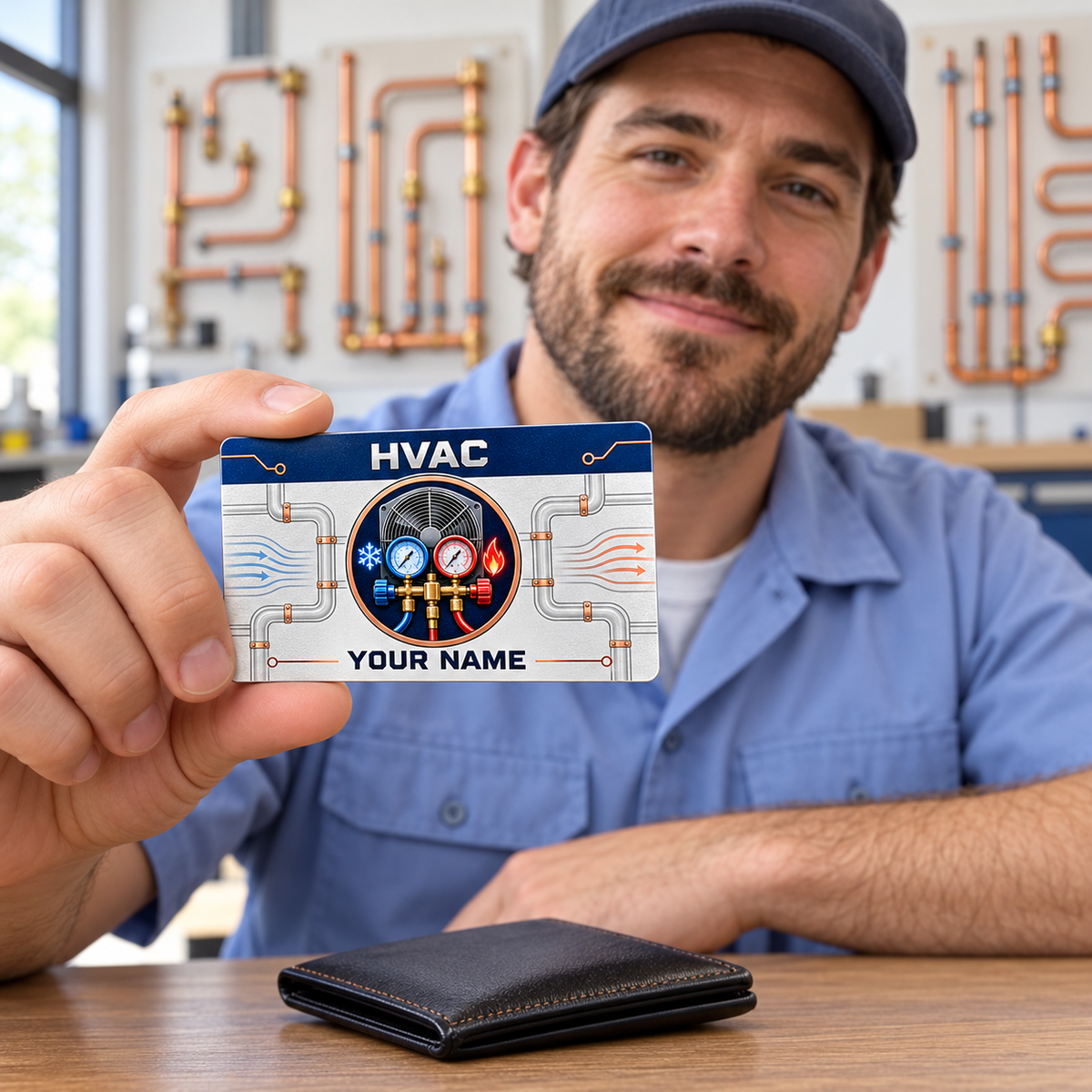 HVAC everyday dedication wallet card held during a quiet training-workshop break