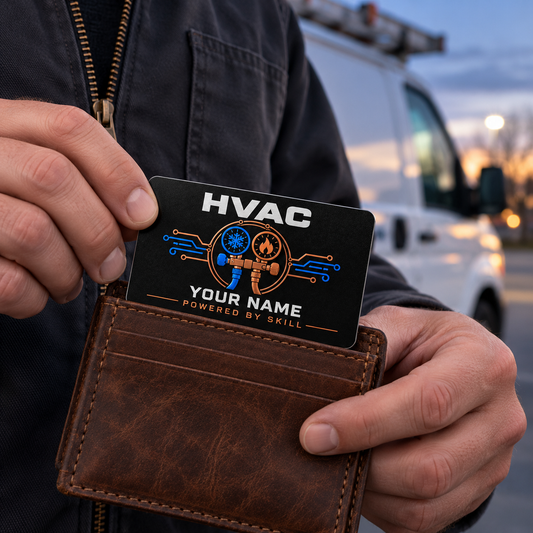 HVAC midnight pride card being placed into a wallet beside a parked service van