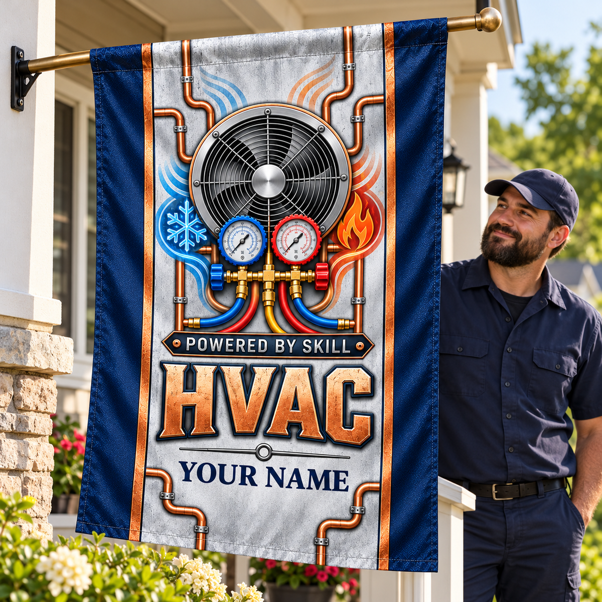 HVAC proud legacy house flag displayed on a porch beside an adult HVAC professional