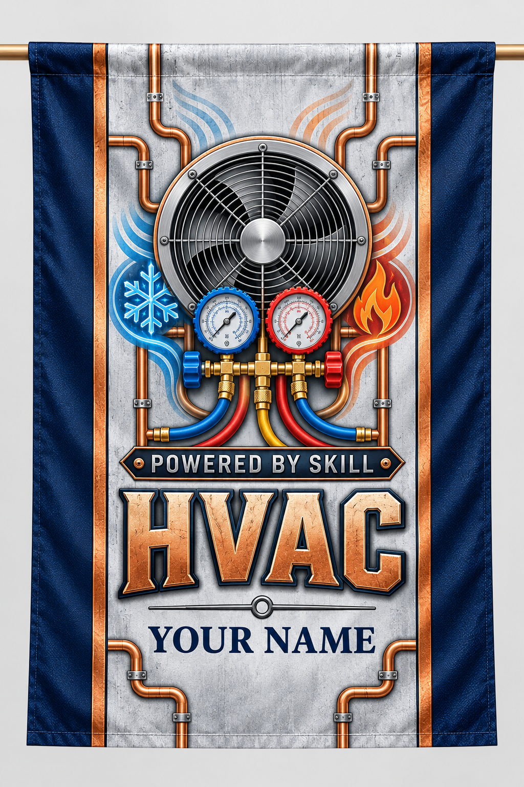 Standalone navy-and-silver HVAC proud legacy house flag