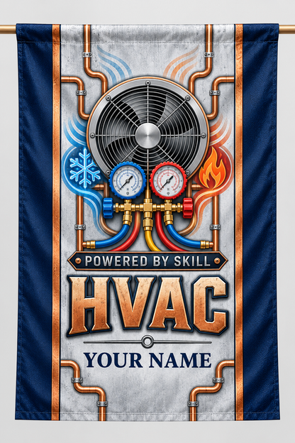 Standalone navy-and-silver HVAC proud legacy house flag