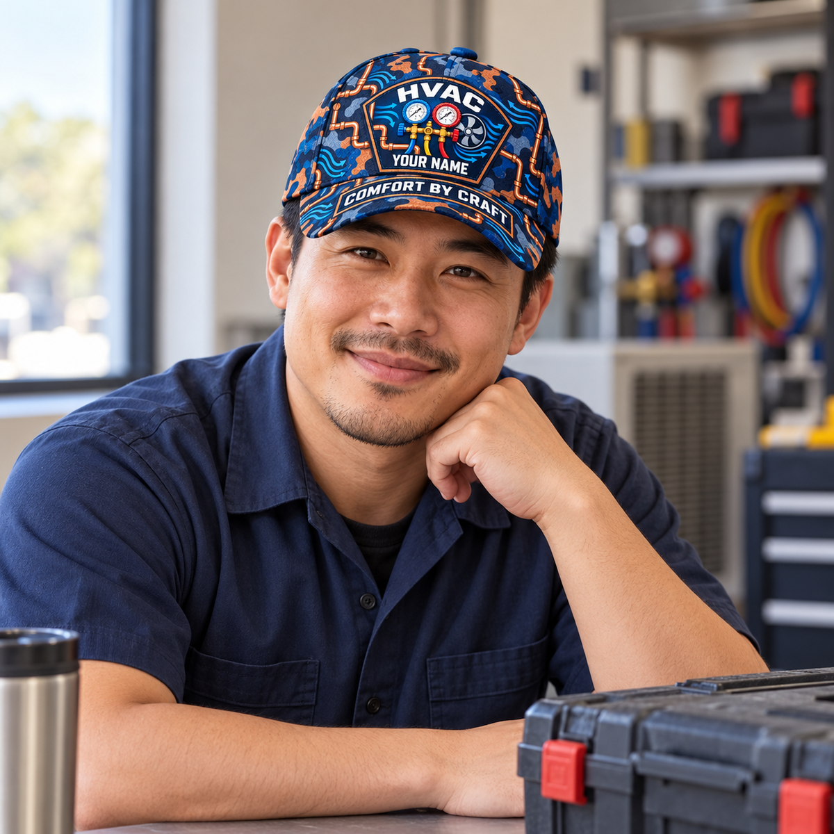 Personalized HVAC Camo Baseball Cap - Patchwork Pride worn by an adult HVAC technician during a break