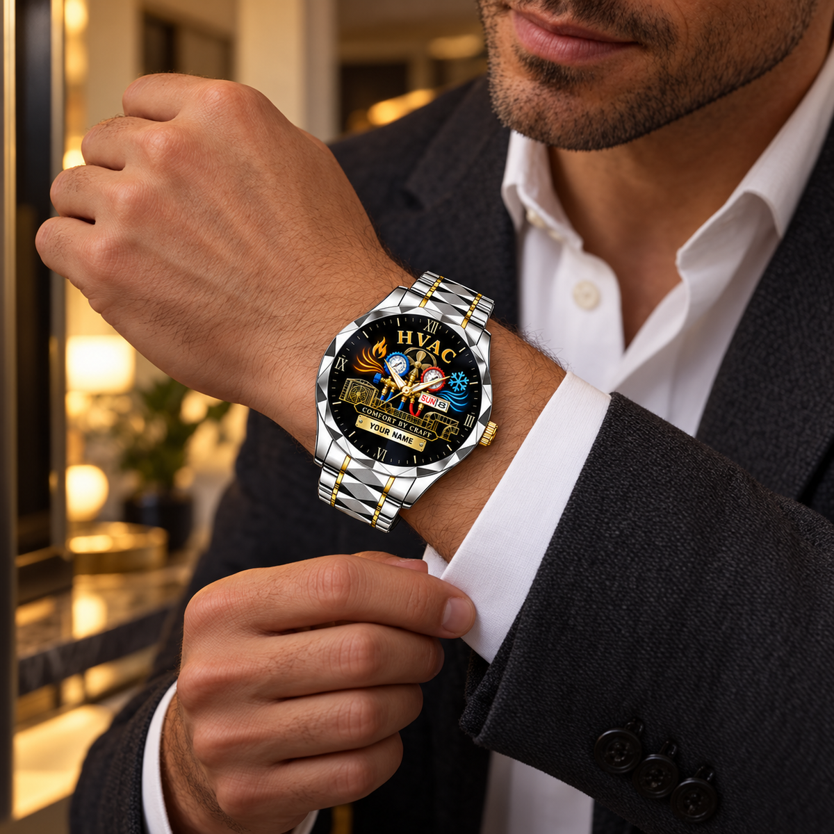 HVAC Faceted Legacy watch in Silver Gold Chain finish worn with evening casual tailoring