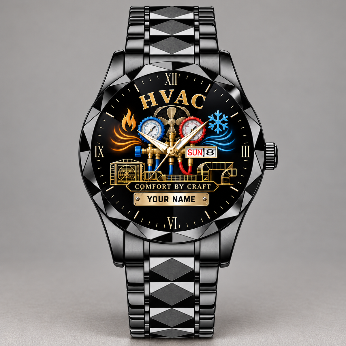 Black HVAC faceted metal watch with manifold-gauge and heating-cooling dial artwork