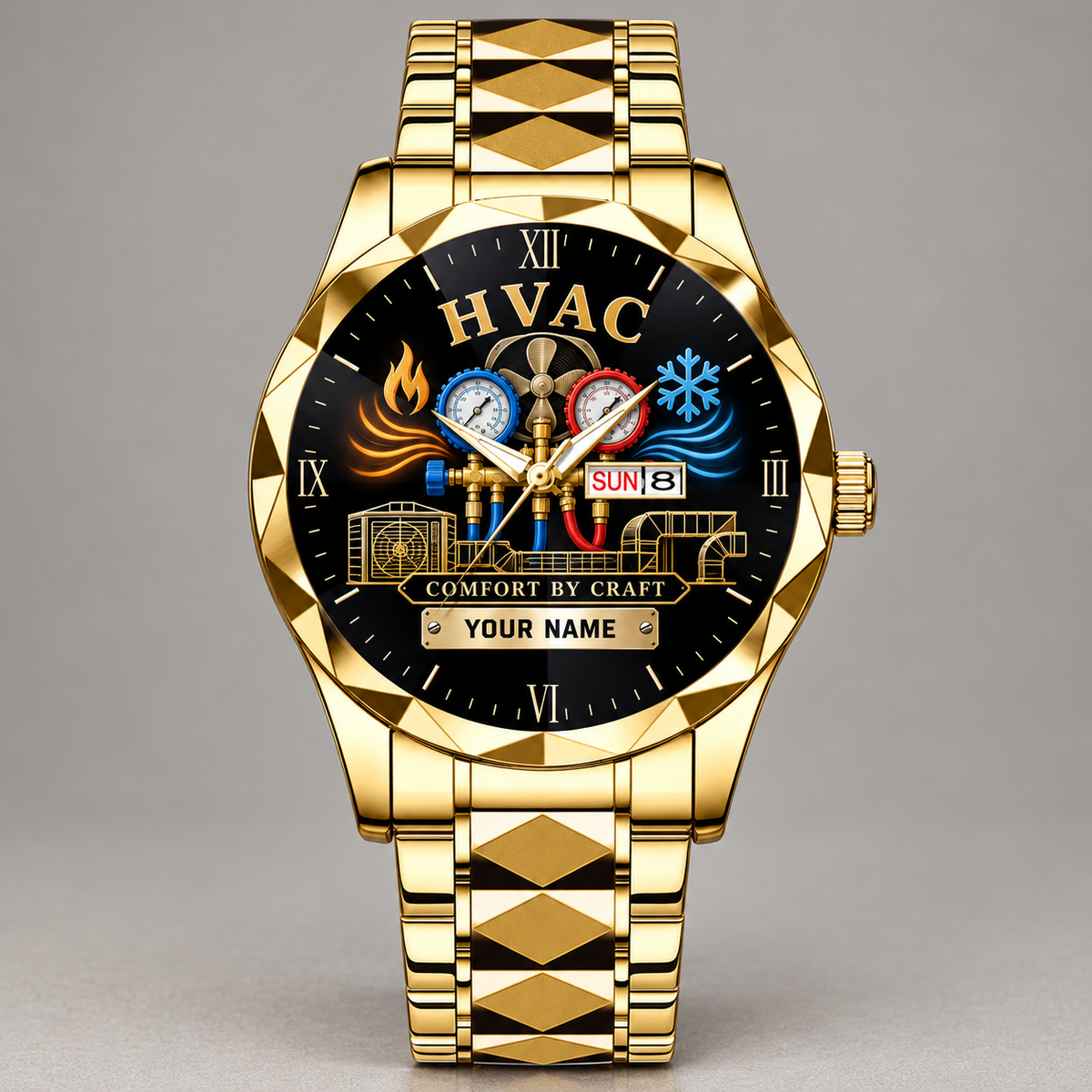 Gold HVAC faceted metal watch with manifold-gauge and heating-cooling dial artwork