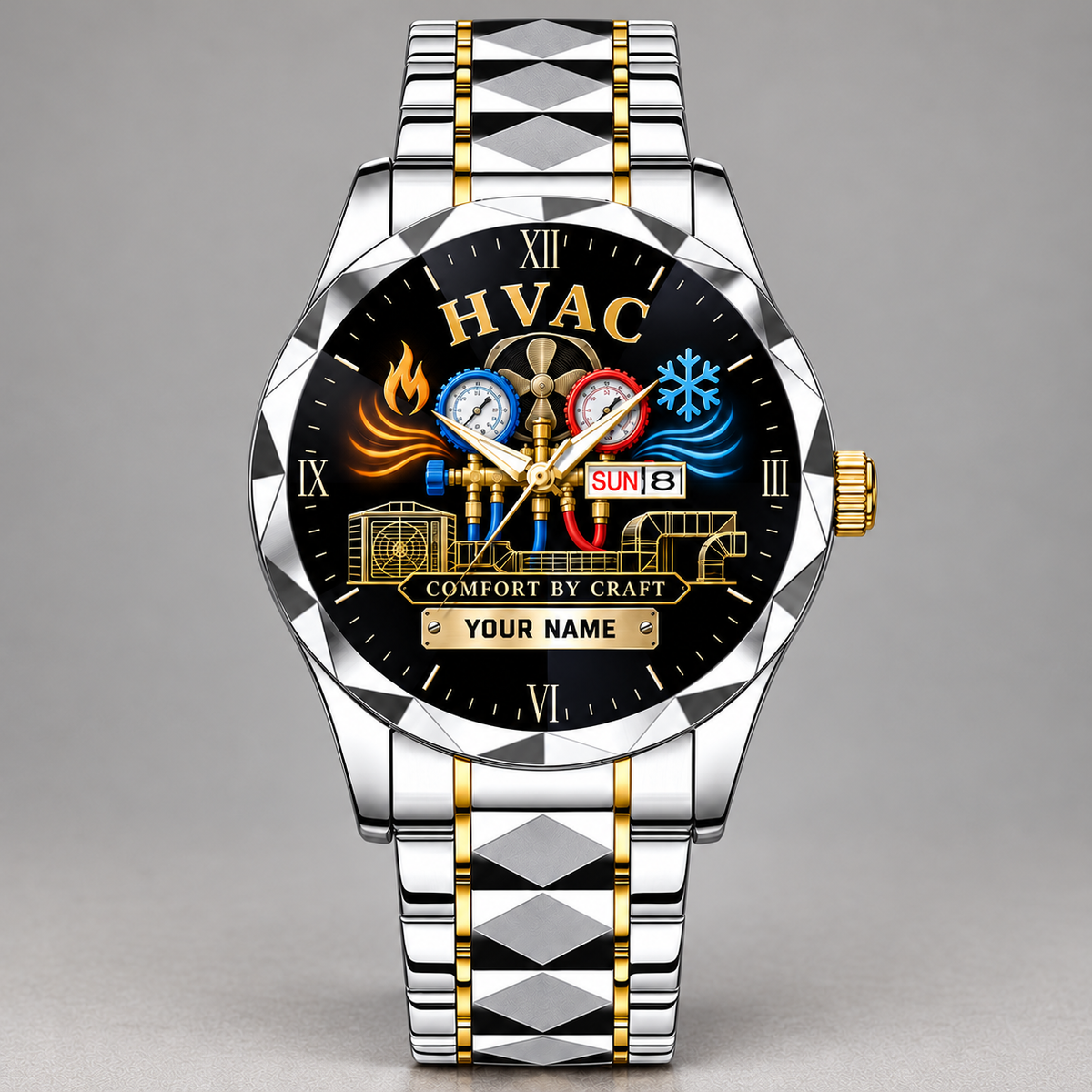 Silver Gold Chain HVAC faceted watch with silver bezel, gold crown and gold-striped silver bracelet