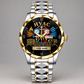 Silver Gold HVAC faceted watch with gold bezel and gold-striped silver bracelet