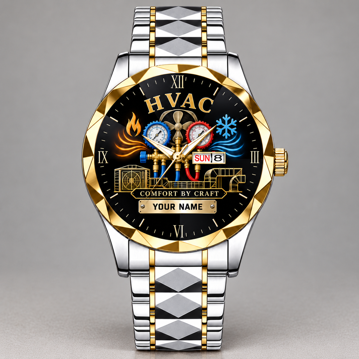 Silver Gold HVAC faceted watch with gold bezel and gold-striped silver bracelet