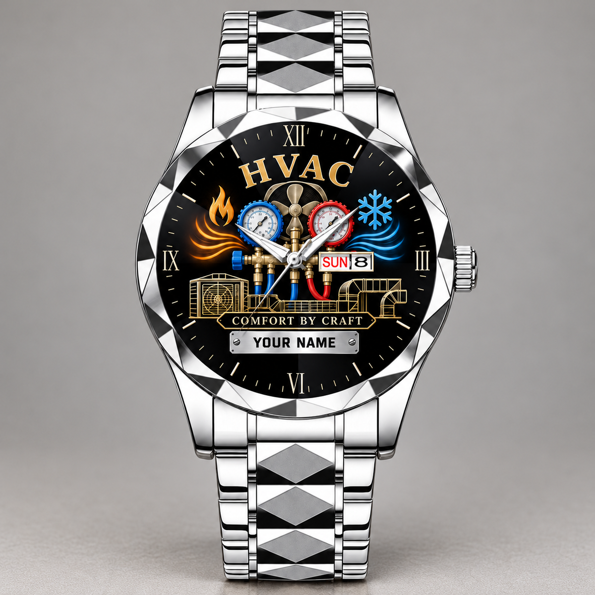 Steel HVAC faceted metal watch with silver bezel and silver nameplate preview