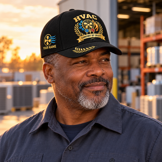 Personalized HVAC Baseball Cap - Black Gold Legacy worn by an adult HVAC technician during a break