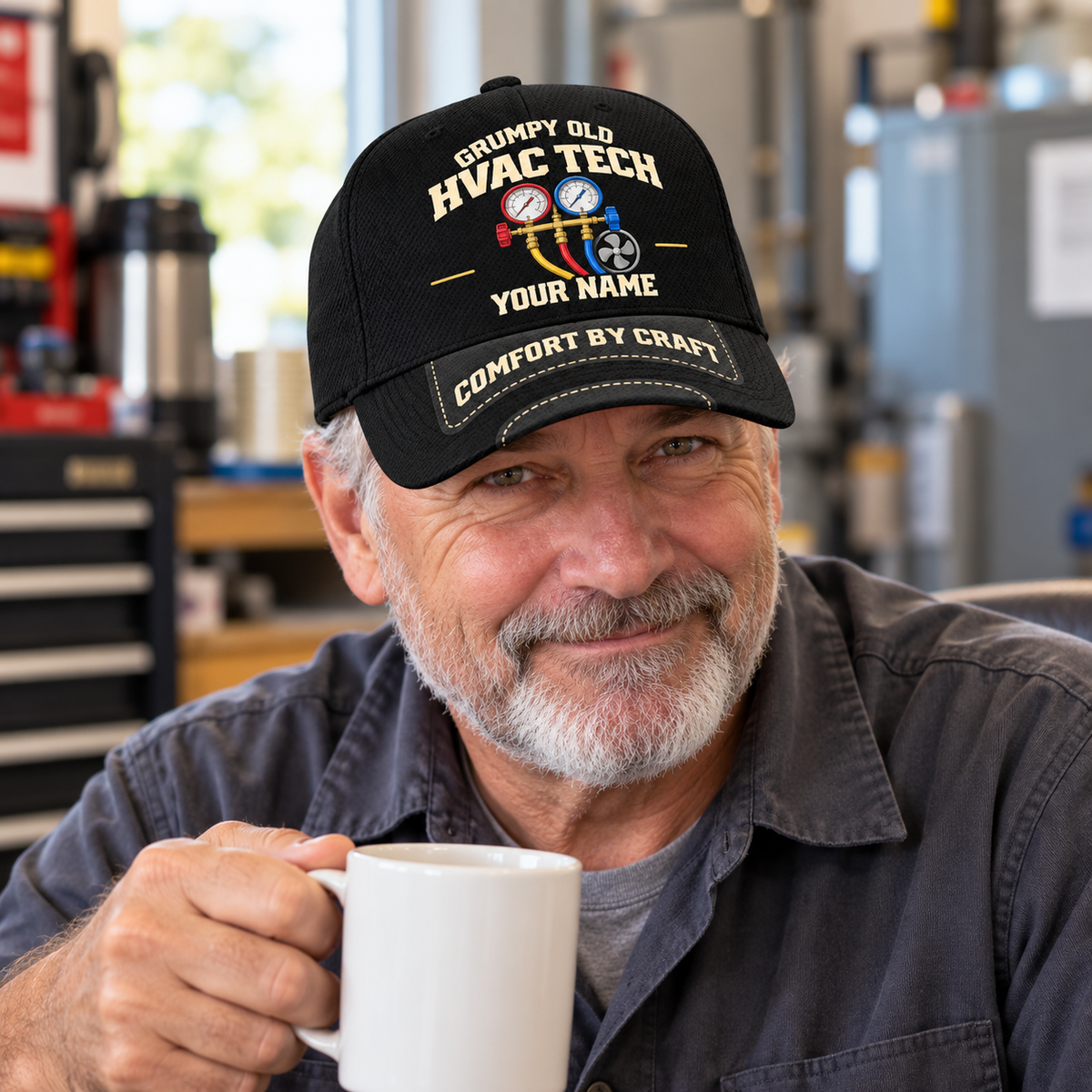 Personalized Grumpy Old HVAC Tech Baseball Cap worn by an adult HVAC technician during a break